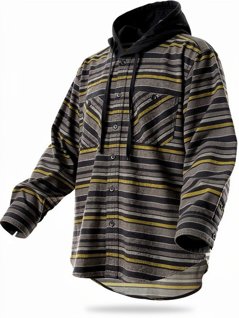 Men’s‎ Hooded Flannel Shirt Jacket Medium Button-Up Stripe Gray Black Yellow